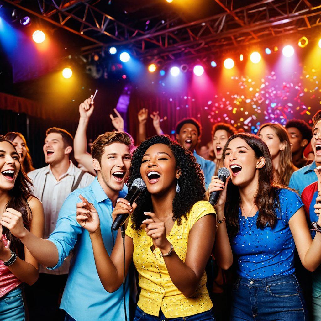 A vibrant karaoke scene featuring a diverse group of friends singing passionately into microphones on a colorful stage. The background includes lights, musical notes floating in the air, and karaoke machines filled with songbooks. Show party props like confetti and drinks to emphasize excitement and enthusiasm. Capture the joyful expressions of the singers as they engage with the audience. bright colors. dynamic composition.