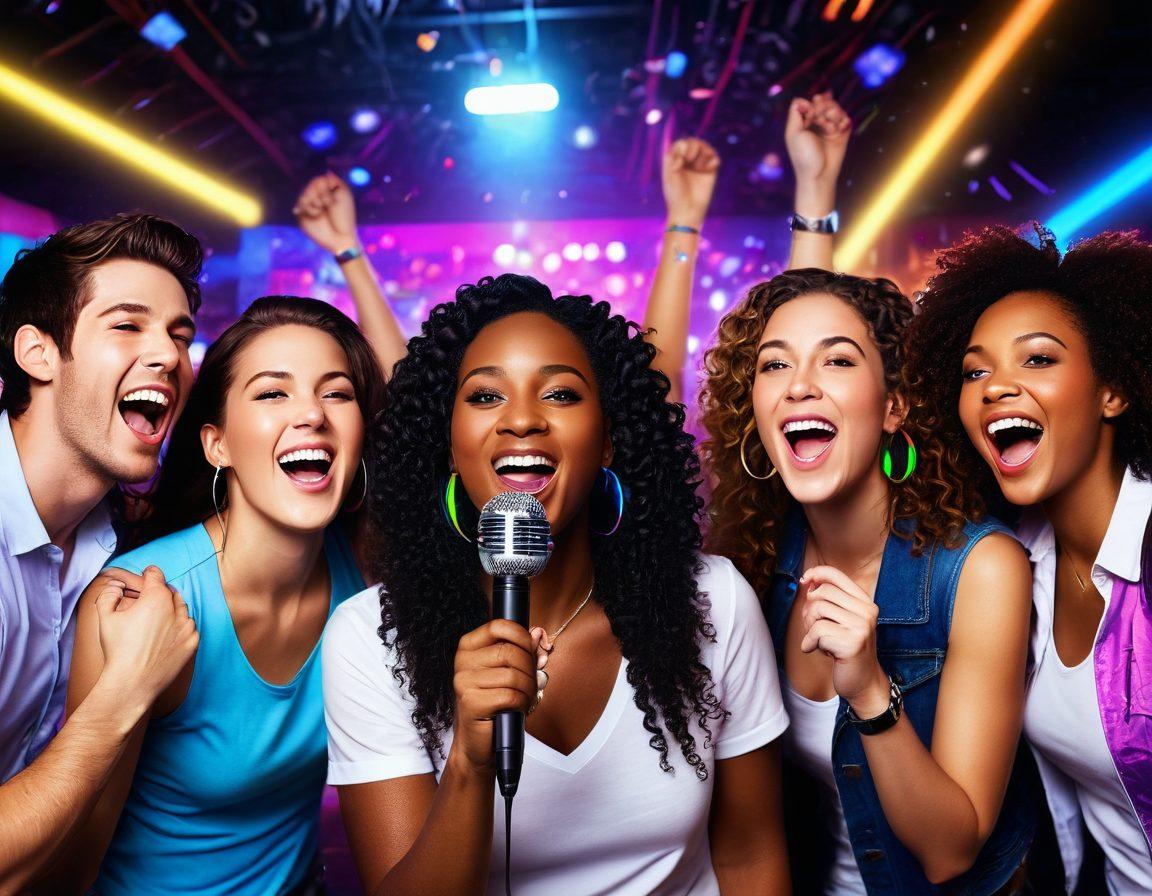 A vibrant karaoke scene featuring a diverse group of friends joyously singing into microphones, surrounded by colorful musical notes swirling around them. The background showcases a bright neon-lit karaoke bar with disco lights and a fun, inviting atmosphere. Include various popular music albums and genre tags scattered around to represent a diverse playlist. super-realistic. vibrant colors. upbeat atmosphere.